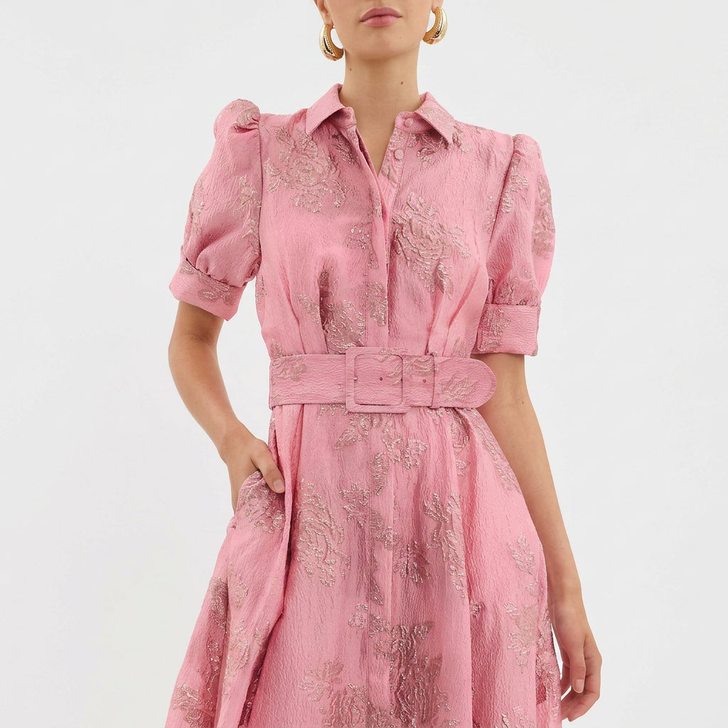 Matilde - Vestido Longo Floral em Jacquard com Cinto