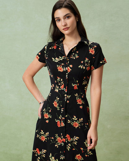 Glória - Floral Black Midi Dress