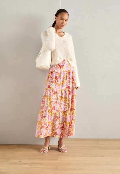 BEATRIZ. Saia Midi Florida em Chiffon | Rosa & Coral | Verão