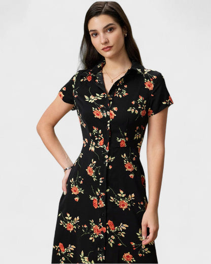 Glória - Floral Black Midi Dress