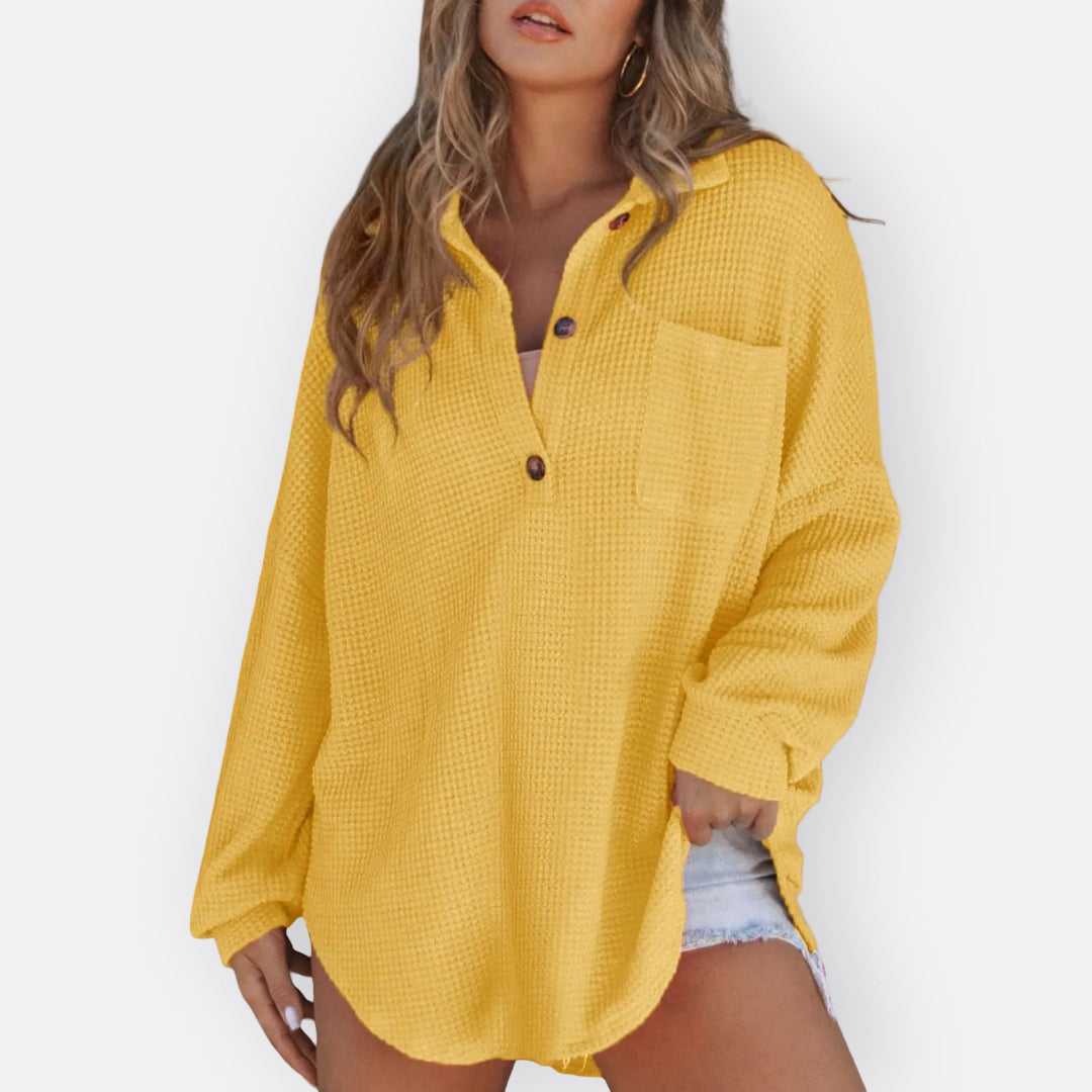 Inês - Blusa Túnica Leve com Decote em V e Botões