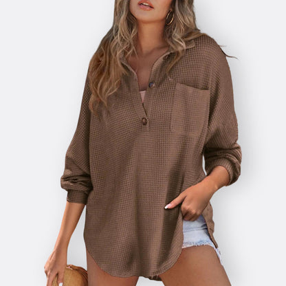 Inês - Blusa Túnica Leve com Decote em V e Botões