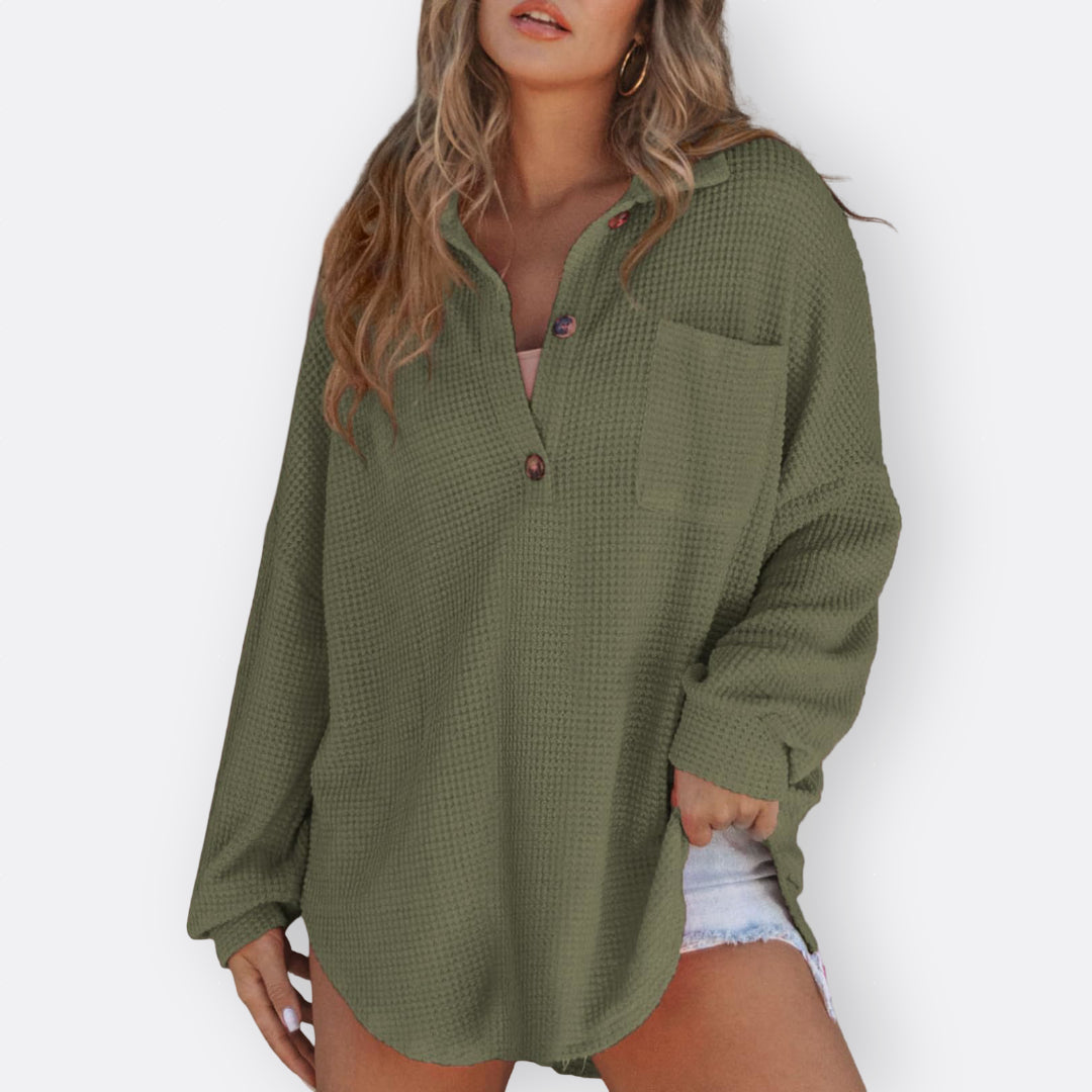 Inês - Blusa Túnica Leve com Decote em V e Botões