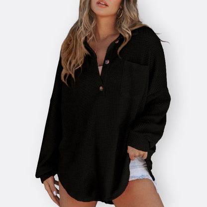 Inês - Blusa Túnica Leve com Decote em V e Botões