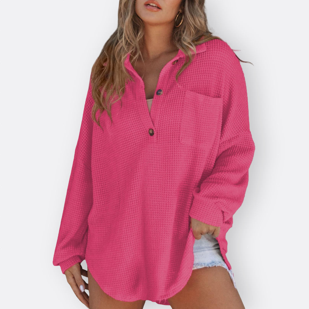 Inês - Blusa Túnica Leve com Decote em V e Botões