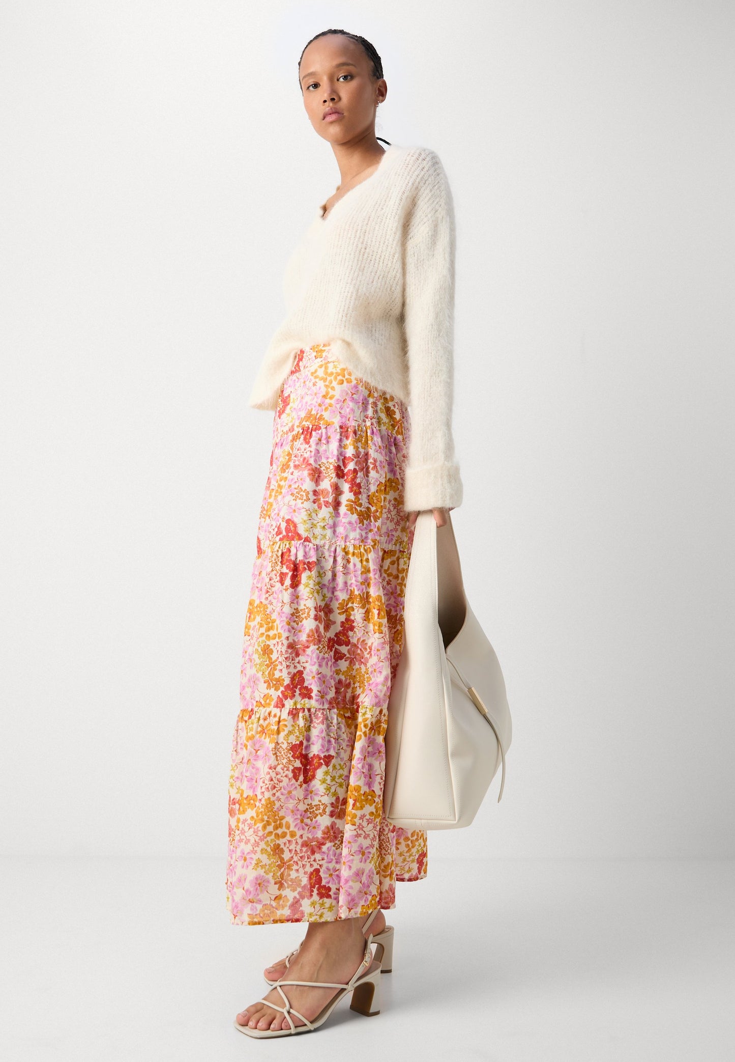 BEATRIZ. Saia Midi Florida em Chiffon | Rosa & Coral | Verão