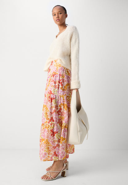 BEATRIZ. Saia Midi Florida em Chiffon | Rosa & Coral | Verão