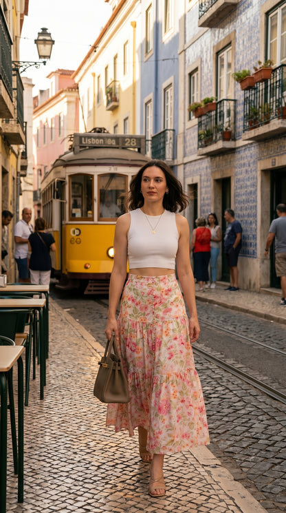 BEATRIZ. Saia Midi Florida em Chiffon | Rosa & Coral | Verão