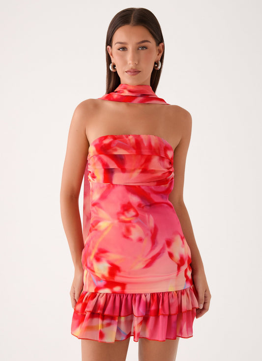 Vestido Mini Manon com Estampa de Flor em Tons Dourados