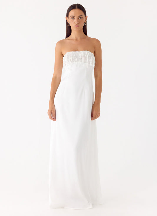 Vestido Maxi Brilhante com Lantejoulas e Pérolas Miftie - Branco