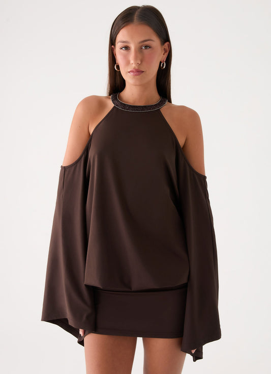 Vestido Mini de Manga Longa Sanah - Cor Chocolate