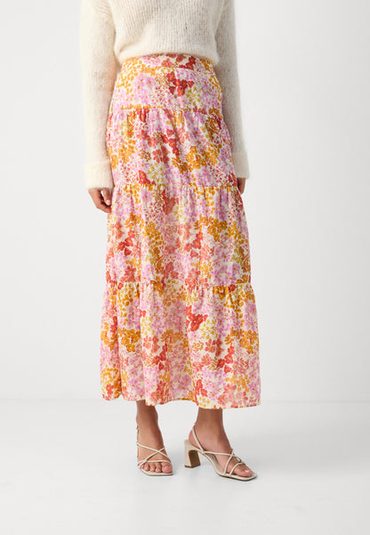 BEATRIZ. Saia Midi Florida em Chiffon | Rosa & Coral | Verão