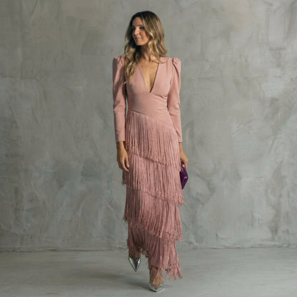 Gabriela - Vestido Longo com Franjas e Decote em V