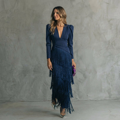 Gabriela - Vestido Longo com Franjas e Decote em V