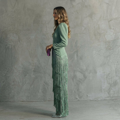 Gabriela - Vestido Longo com Franjas e Decote em V