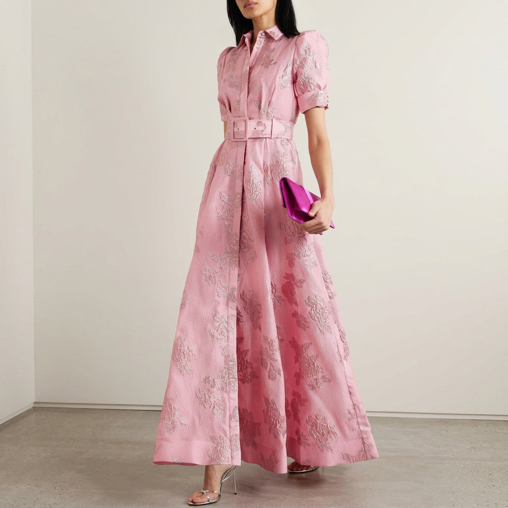 Matilde - Vestido Longo Floral em Jacquard com Cinto
