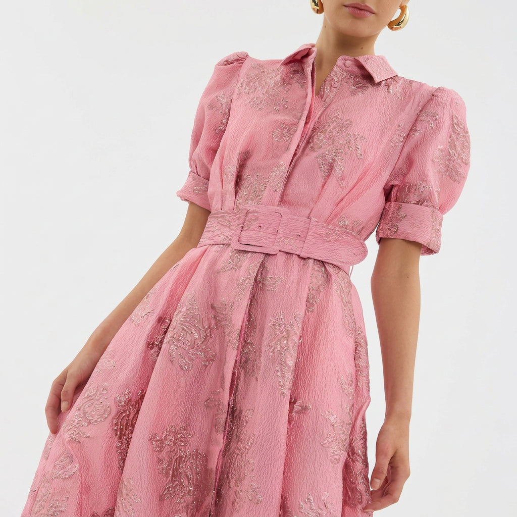 Matilde - Vestido Longo Floral em Jacquard com Cinto