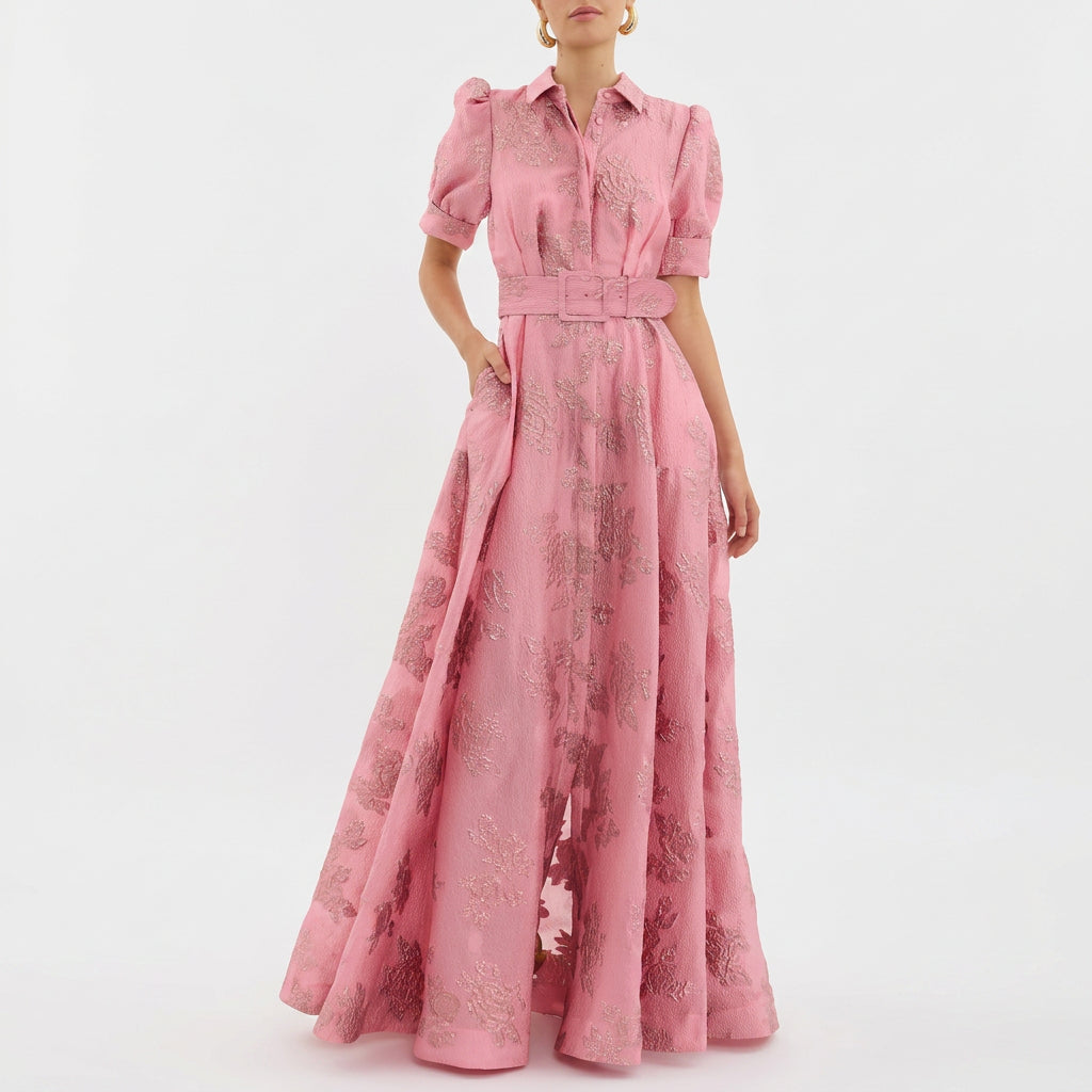 Matilde - Vestido Longo Floral em Jacquard com Cinto