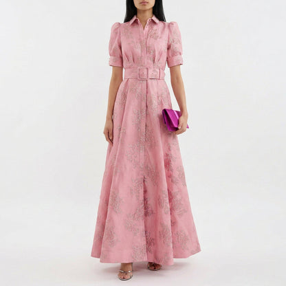 Matilde - Vestido Longo Floral em Jacquard com Cinto