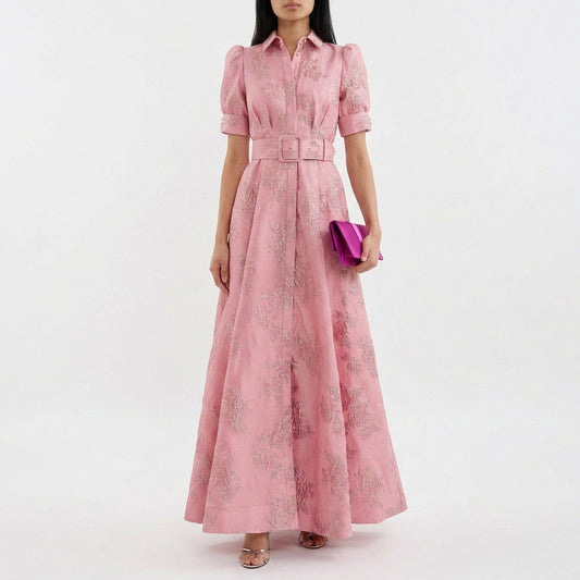 Matilde - Vestido Longo Floral em Jacquard com Cinto