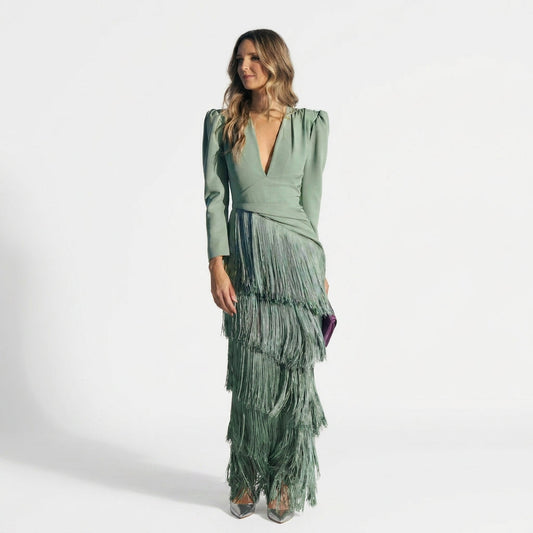 Gabriela - Vestido Longo com Franjas e Decote em V
