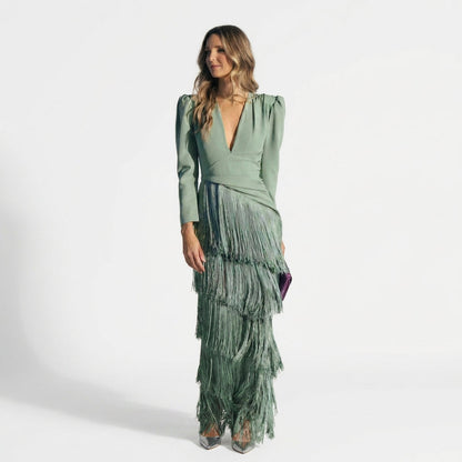 Gabriela - Vestido Longo com Franjas e Decote em V