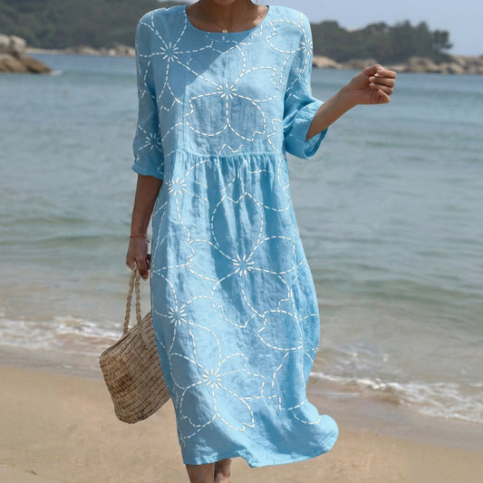 Joana - Vestido Maxi de Gola Redonda com Padrão Estampado
