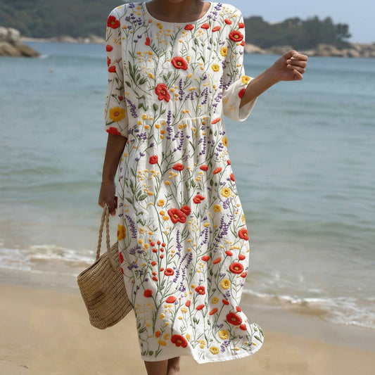 Cristina - Vestido Maxi de Gola Redonda com Estampa de Flores
