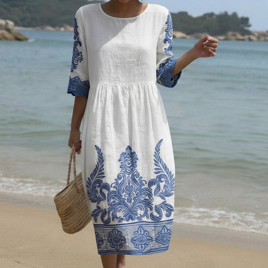 Bianca - Vestido Maxi com Gola Redonda e Estampa