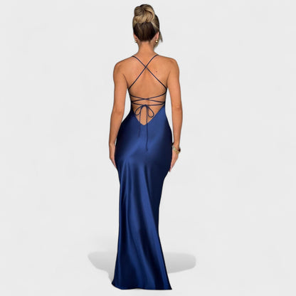 Elena - Vestido de Cetim Azul Escuro