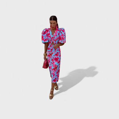 Lília - Vestido Tropical em Tons de Fogo