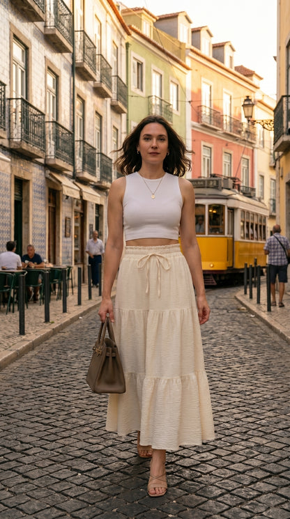 LEONOR. Saia Midi Evasê em Linho | Terracota | Estilo Boho Verão
